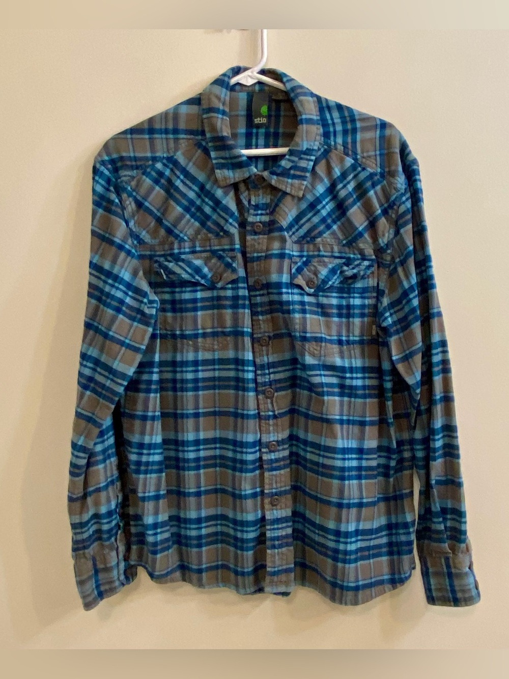 Stio Junction Midweight Flannel Shirt Blue Plaid Western‎ Mens L Hiking Outdoors